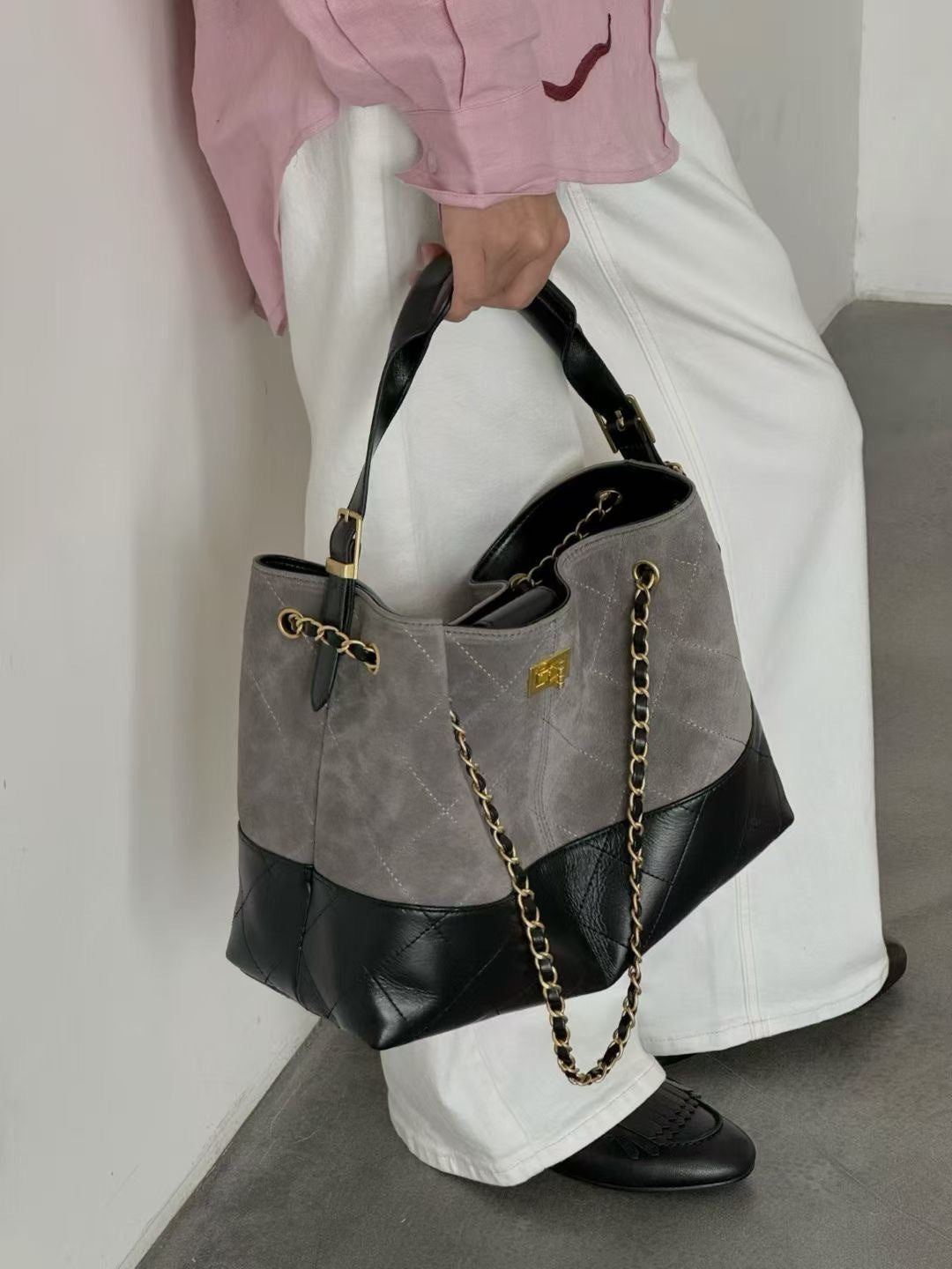 Quilted Lambskin and Suede Leather Chain Tote Bag | Women's Vintage Two-Tone Shoulder & Crossbody Bag