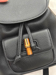 Handmade Cowhide Leather Mini Bamboo Convertible Backpack | Leather Drawstring Shoulder & Handbag for Women