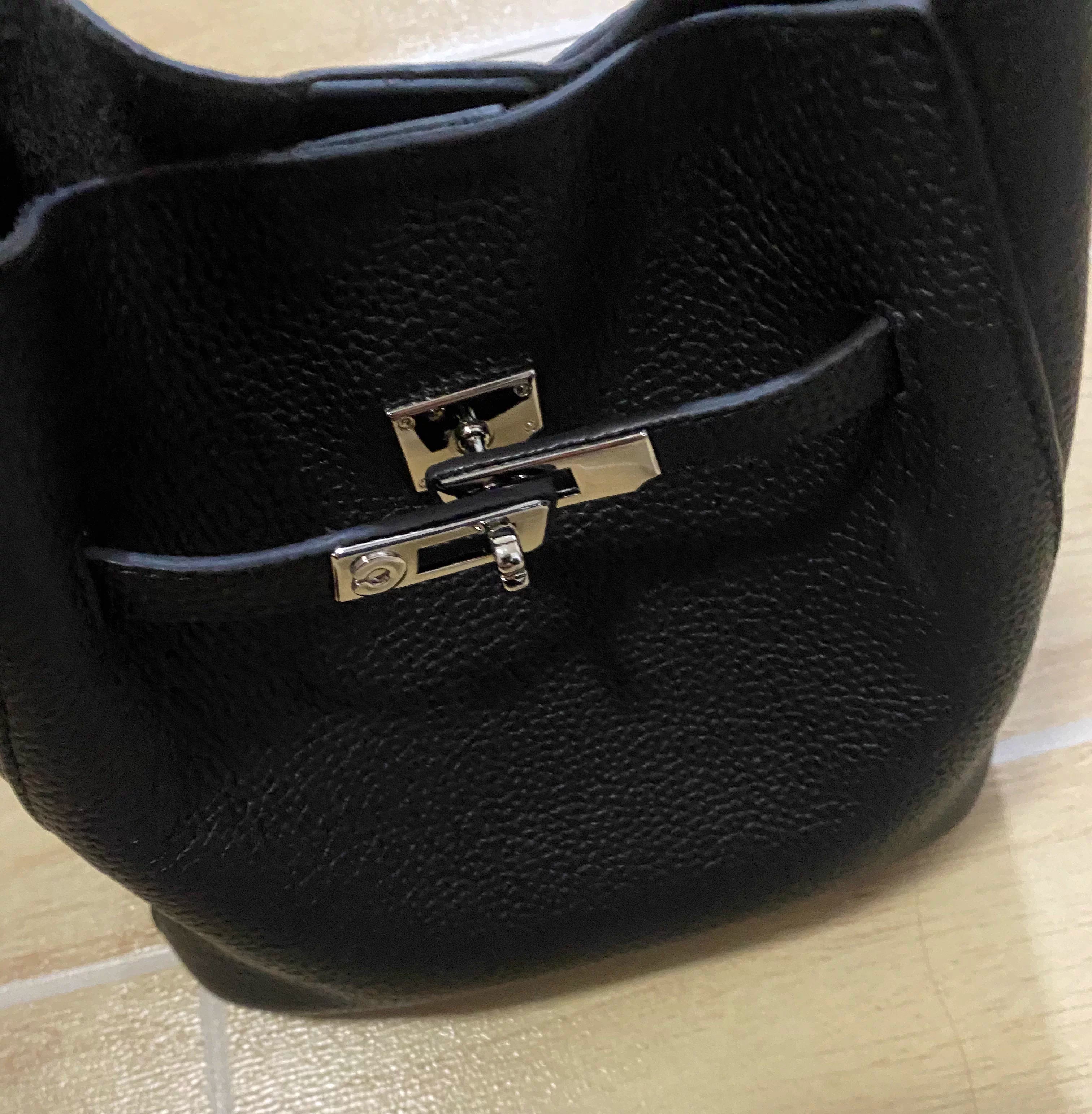 Luxury Pebbled Cowhide Leather Bucket Bag, Designer Crossbody with Twist Lock
