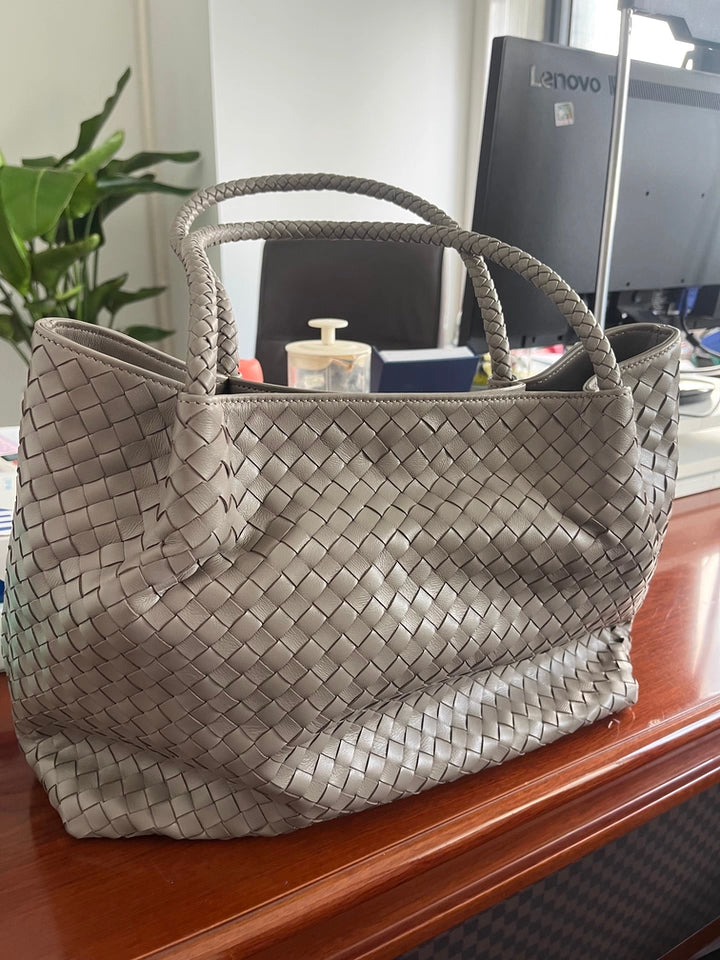Italy Lambskin Leather Tote, Large Intrecciato Leather Bag, Classic Elegant Tote in Trendy, Designer Bag, Gift to Her