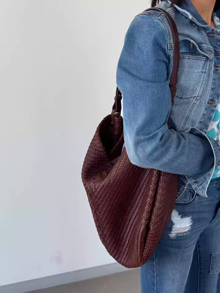 Handwoven Full Grain Leather Hobo Bag | Slouchy Large Shoulder Tote