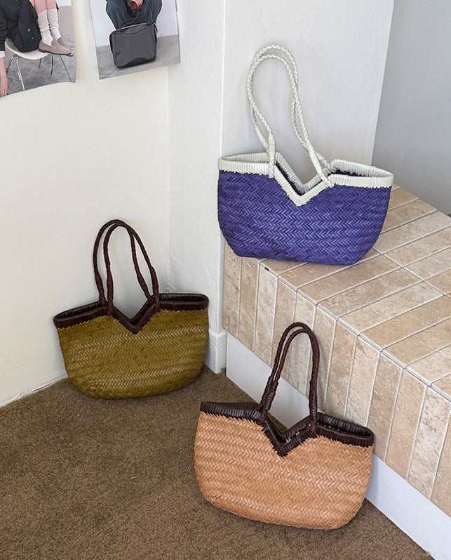 Handwoven Full Grain Cowhide Leather Basket Tote | V-Cut Rim Leather Shoulder Bag | Summer Beach Bag in Two Sizes