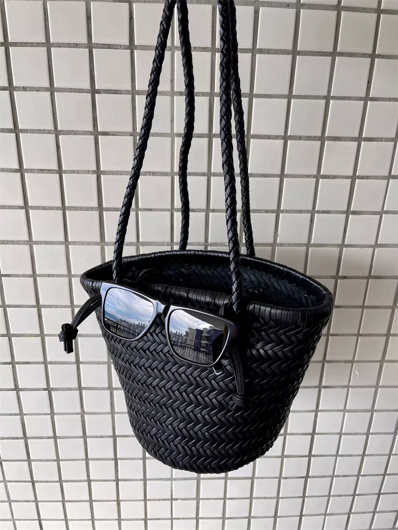Hand-Woven Cowhide Leather Bucket Bag | Women's Braided Drawstring Basket Purse