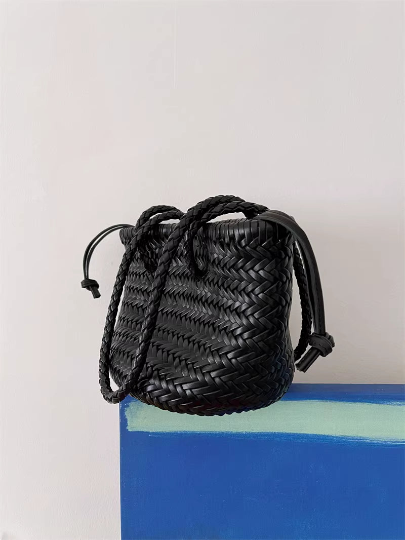 Hand-Woven Cowhide Leather Bucket Bag | Women's Braided Drawstring Basket Purse