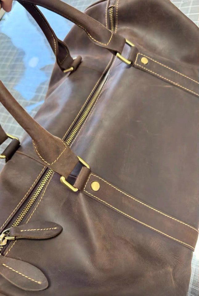 Men’s Full Grain Leather Travel Duffel, Large Crazy Horse Leather Carry-On Bag for Business, Leather Weekender, Camping & Short Trips