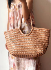 Handmade Woven Leather Tote Bag, Full Grain Leather Hand Woven Triple Jump Bamboo Ladies HoBo Bag, Curve Opening Summer Holiday Basket Bag