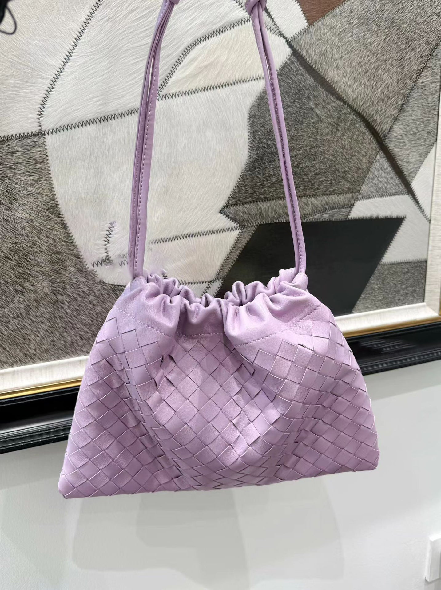 Luxurious Handwoven Lambskin Handbag Drawstring, Genuine Leather Shoulder Bucket Bag for Women