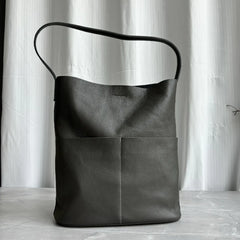 Oak Cowhide Leather Tote Bag ｜ Women Handcrafted Soft Leather Bucket Bag ｜ Minimalist Tote, Two Front Pockets Bag｜Cloud Oslo Laptop Bag