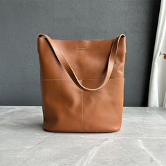 Oak Cowhide Leather Tote Bag ｜ Women Handcrafted Soft Leather Bucket Bag ｜ Minimalist Tote, Two Front Pockets Bag｜Cloud Oslo Laptop Bag