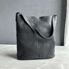 Oak Cowhide Leather Tote Bag ｜ Women Handcrafted Soft Leather Bucket Bag ｜ Minimalist Tote, Two Front Pockets Bag｜Cloud Oslo Laptop Bag