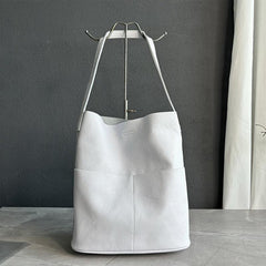 Oak Cowhide Leather Tote Bag ｜ Women Handcrafted Soft Leather Bucket Bag ｜ Minimalist Tote, Two Front Pockets Bag｜Cloud Oslo Laptop Bag
