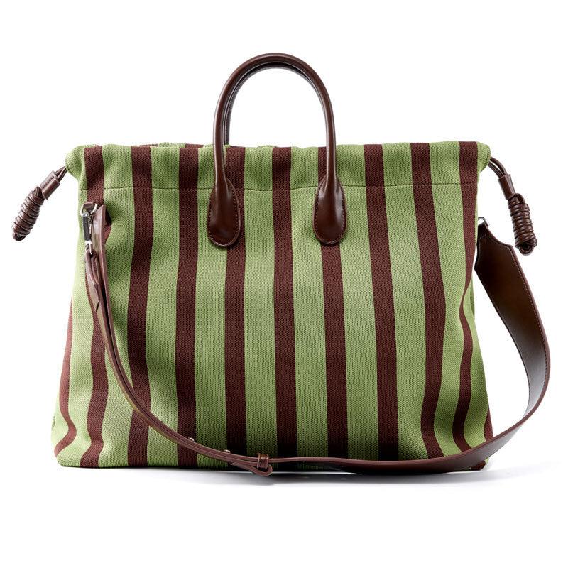 Olive & Espresso Striped Canvas Oxford Large Tote with Leather Accents | Elegant Shopper's Handbag with Crossbody Option, Women Laptop Bag