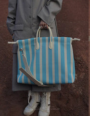 Olive & Espresso Striped Canvas Oxford Large Tote with Leather Accents | Elegant Shopper's Handbag with Crossbody Option, Women Laptop Bag
