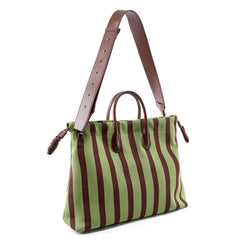 Olive & Espresso Striped Canvas Oxford Large Tote with Leather Accents | Elegant Shopper's Handbag with Crossbody Option, Women Laptop Bag