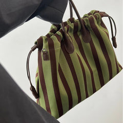 Olive & Espresso Striped Canvas Oxford Large Tote with Leather Accents | Elegant Shopper's Handbag with Crossbody Option, Women Laptop Bag