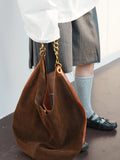 Oversized Fashion Cowhide Leather and Suede Double-sided Chain Boho Bag, Must-have Fashion Slouchy Tote Bag,