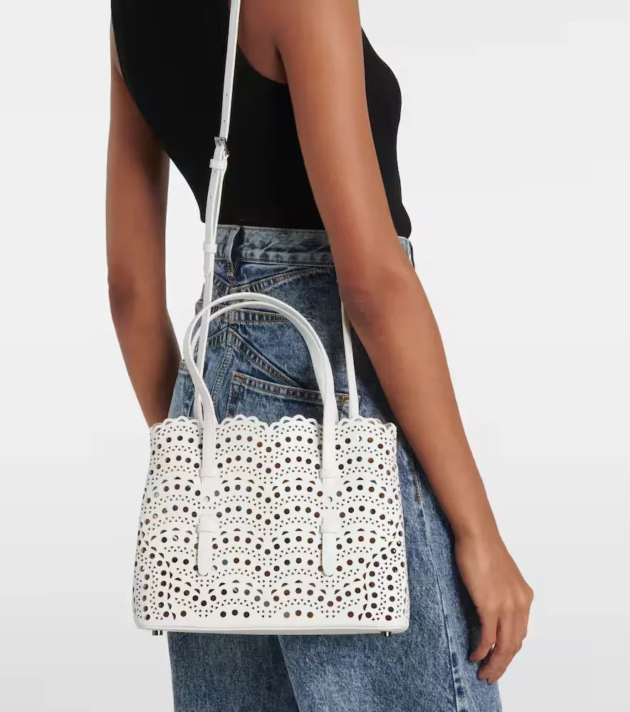 Calfskin Leather Wave-Cut Hollow Out Shoulder Bag, Scalloped Laser-Cut Handbag, Fashion Designer Bag