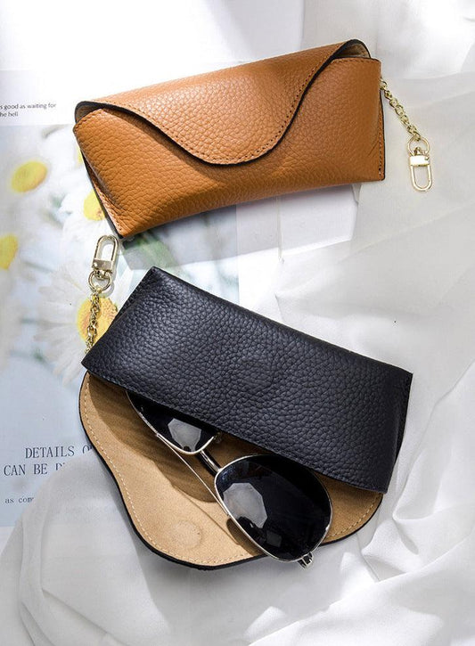 Premium Cowhide Leather Glasses Case | Minimalist Sunglasses Pouch with Chain