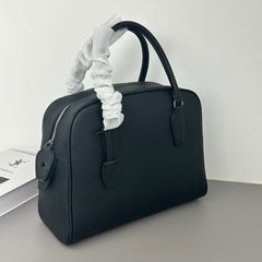 Premium Genuine Leather Bowling Bag, Minimalist Lock-Top Pebbled Leather Boston Shoulder & Crossbody Bag for Women