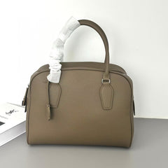 Premium Genuine Leather Bowling Bag, Minimalist Lock-Top Pebbled Leather Boston Shoulder & Crossbody Bag for Women