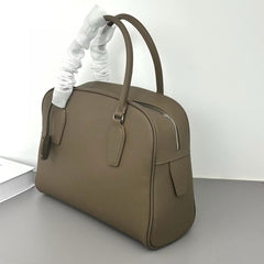 Premium Genuine Leather Bowling Bag, Minimalist Lock-Top Pebbled Leather Boston Shoulder & Crossbody Bag for Women