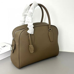 Premium Genuine Leather Bowling Bag, Minimalist Lock-Top Pebbled Leather Boston Shoulder & Crossbody Bag for Women