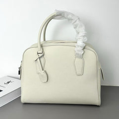 Premium Genuine Leather Bowling Bag, Minimalist Lock-Top Pebbled Leather Boston Shoulder & Crossbody Bag for Women