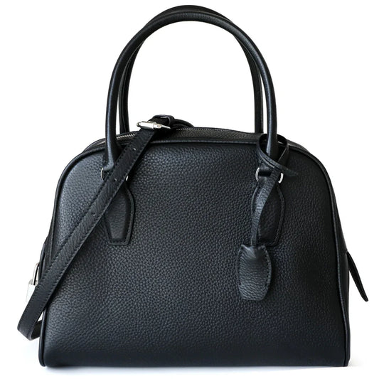 Premium Genuine Leather Bowling Bag, Minimalist Lock-Top Pebbled Leather Boston Shoulder & Crossbody Bag for Women