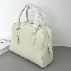Premium Genuine Leather Bowling Bag, Minimalist Lock-Top Pebbled Leather Boston Shoulder & Crossbody Bag for Women