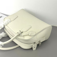 Premium Genuine Leather Bowling Bag, Minimalist Lock-Top Pebbled Leather Boston Shoulder & Crossbody Bag for Women