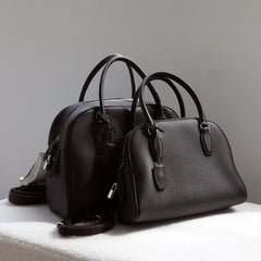 Premium Genuine Leather Bowling Bag, Minimalist Lock-Top Pebbled Leather Boston Shoulder & Crossbody Bag for Women