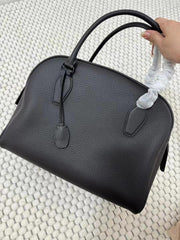 Premium Genuine Leather Bowling Bag, Minimalist Lock-Top Pebbled Leather Boston Shoulder & Crossbody Bag for Women