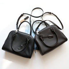 Premium Genuine Leather Bowling Bag, Minimalist Lock-Top Pebbled Leather Boston Shoulder & Crossbody Bag for Women