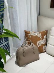 Premium Genuine Leather Bowling Bag, Minimalist Lock-Top Pebbled Leather Boston Shoulder & Crossbody Bag for Women