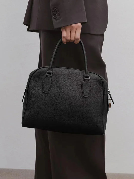 Premium Genuine Leather Bowling Bag, Minimalist Lock-Top Pebbled Leather Boston Shoulder & Crossbody Bag for Women