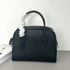 Premium Genuine Leather Bowling Bag, Minimalist Lock-Top Pebbled Leather Boston Shoulder & Crossbody Bag for Women