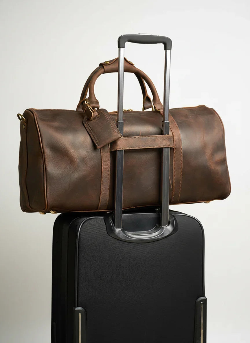 Crazy Horse Full Grain Leather Travel Duffle Bag with Trolley Sleeve | Weekender Tote for Men & Women