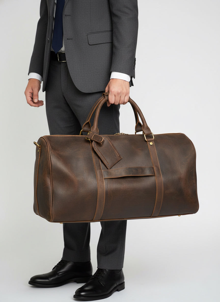 Premium Handmade Crazy Horse Leather Travel Duffel Bag | Large Full Grain Leather Weekend Bag With Trolley Sleeve  Dark Brown 
