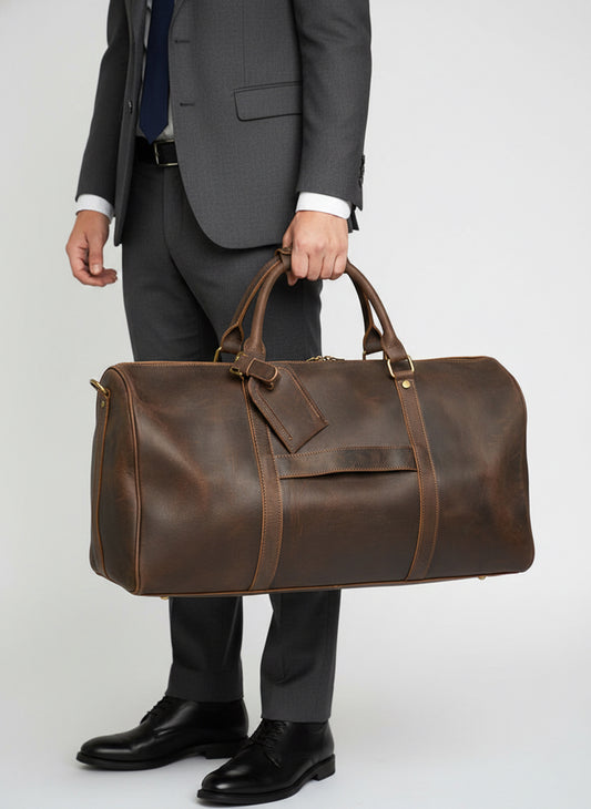 Premium Handmade Crazy Horse Leather Travel Duffel Bag | Large Full Grain Leather Weekend Bag With Trolley Sleeve  Dark Brown 
