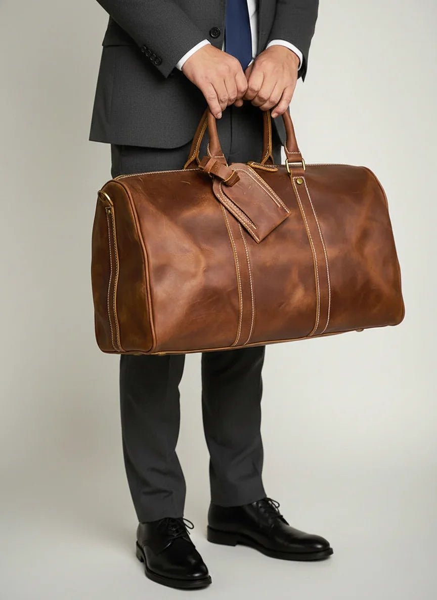 Alexel Crafts Crazy Horse full grain leather travel duffle bag with trolley sleeve in Dark Brown, detail view 14