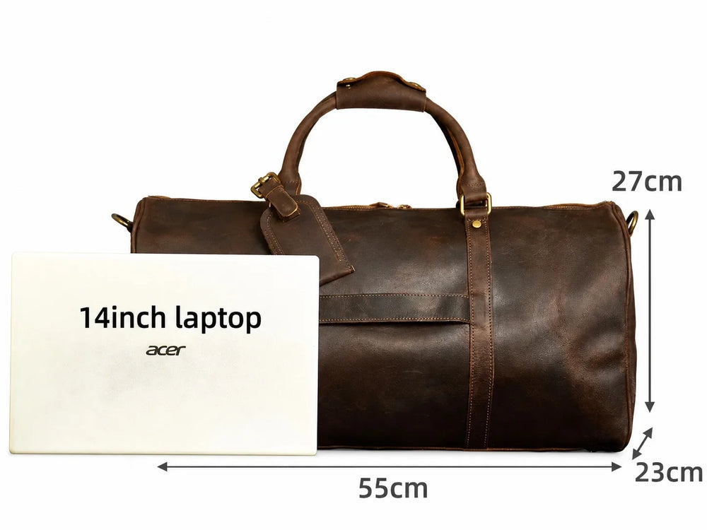 Crazy Horse Full Grain Leather Travel Duffle Bag with Trolley Sleeve | Weekender Tote for Men & Women