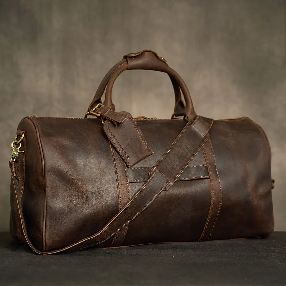 Crazy Horse Full Grain Leather Travel Duffle Bag with Trolley Sleeve | Weekender Tote for Men & Women