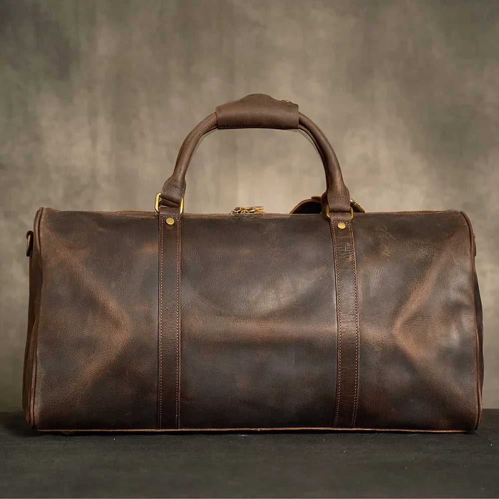 Crazy Horse Full Grain Leather Travel Duffle Bag with Trolley Sleeve | Weekender Tote for Men & Women