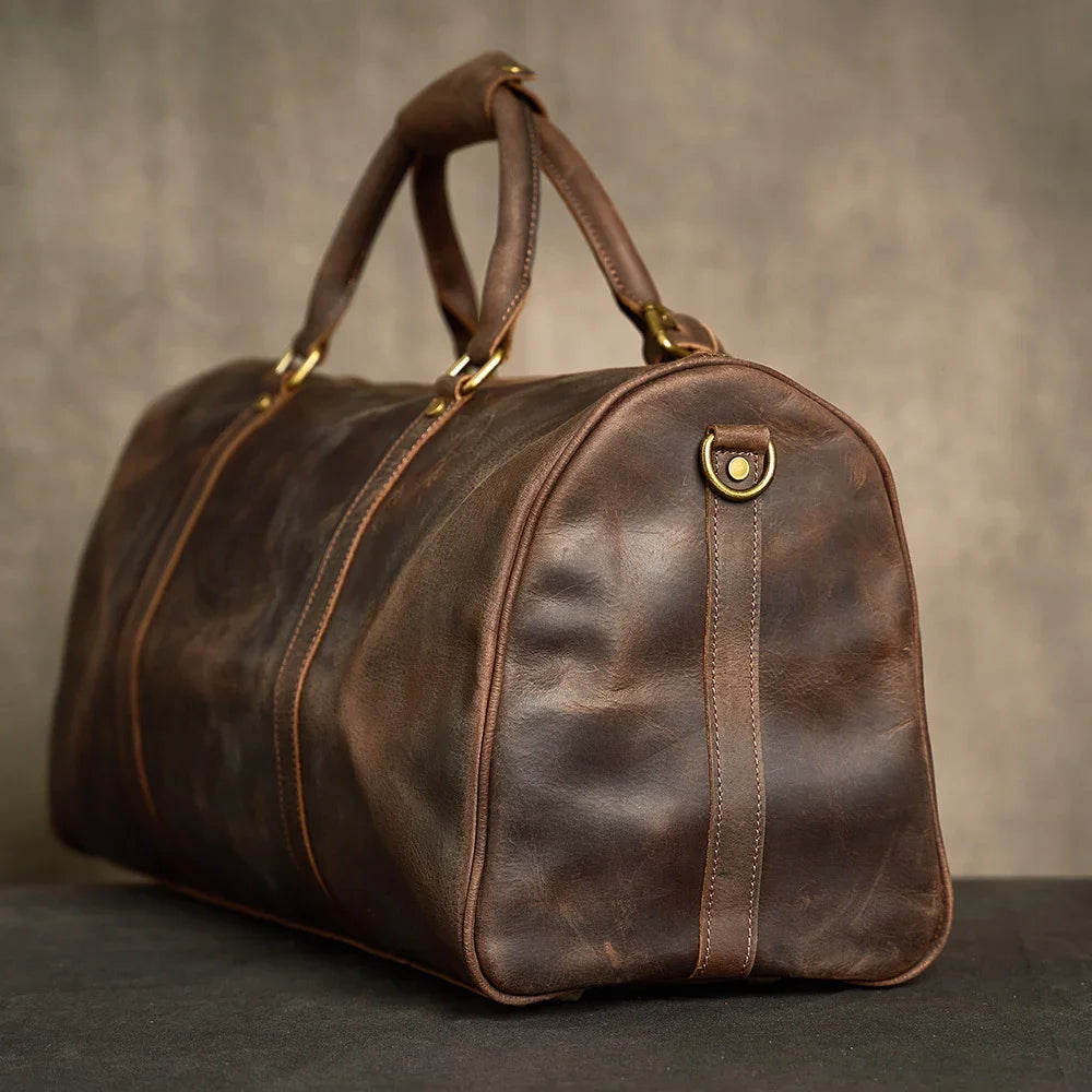 Crazy Horse Full Grain Leather Travel Duffle Bag with Trolley Sleeve | Weekender Tote for Men & Women