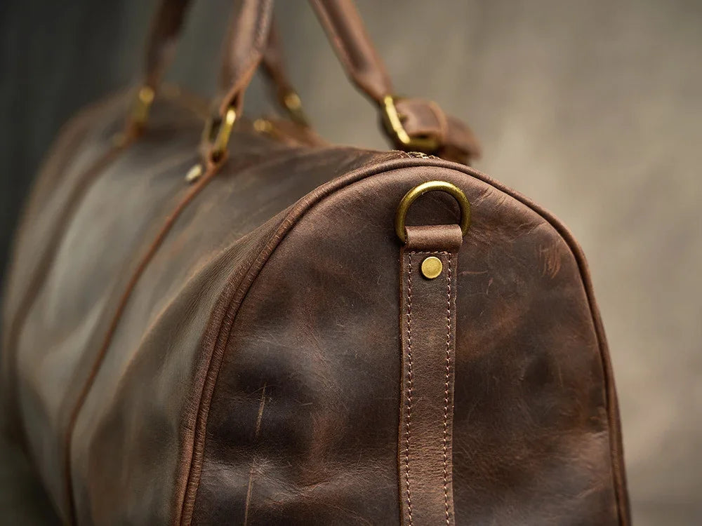 Crazy Horse Full Grain Leather Travel Duffle Bag with Trolley Sleeve | Weekender Tote for Men & Women