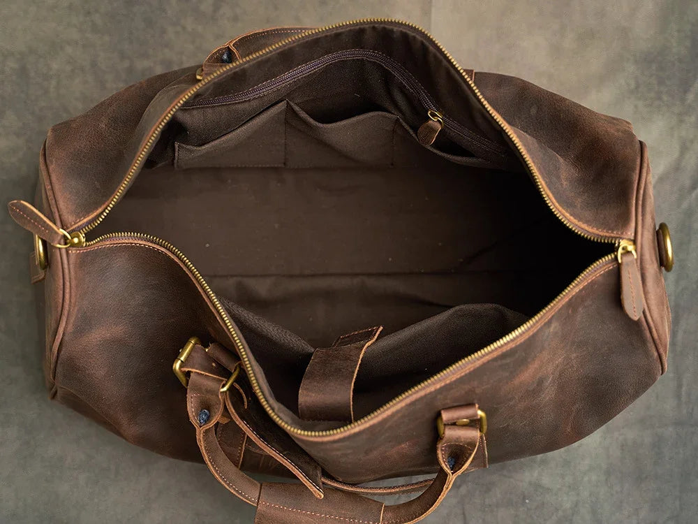 Crazy Horse Full Grain Leather Travel Duffle Bag with Trolley Sleeve | Weekender Tote for Men & Women