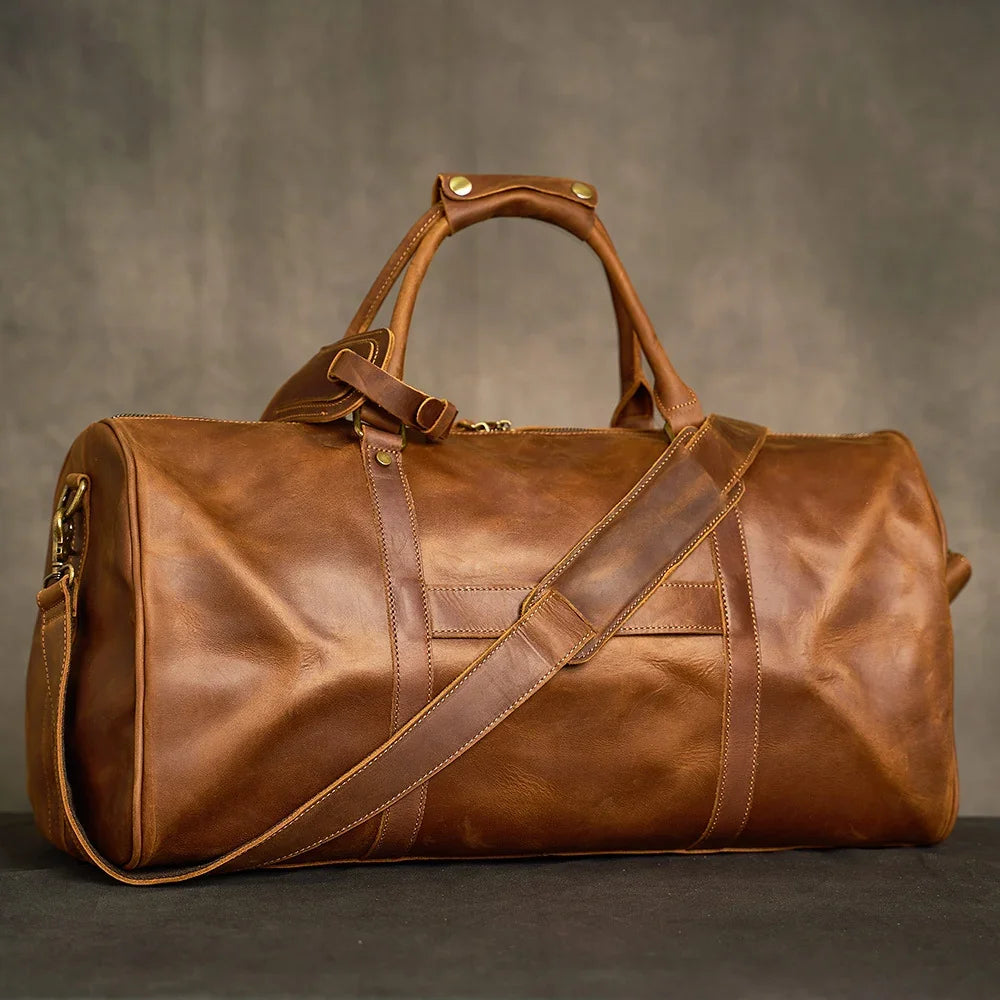 Crazy Horse Full Grain Leather Travel Duffle Bag with Trolley Sleeve | Weekender Tote for Men & Women