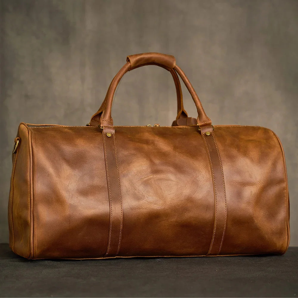 Crazy Horse Full Grain Leather Travel Duffle Bag with Trolley Sleeve | Weekender Tote for Men & Women