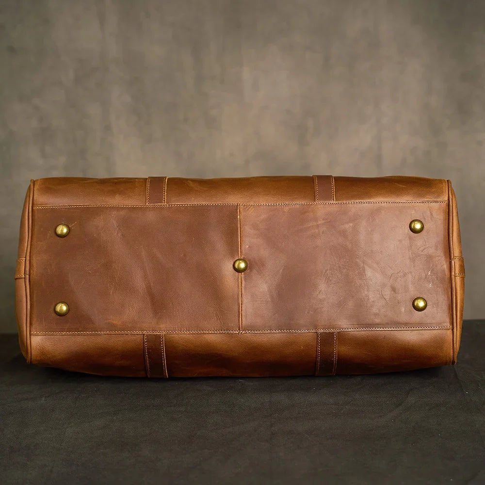 Crazy Horse Full Grain Leather Travel Duffle Bag with Trolley Sleeve | Weekender Tote for Men & Women