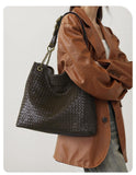 Premium Handwoven Lambskin Tote Bag | Handcrafted Vintage Lock Drawstring Spacious & Versatile Shoulder Bag, Lambskin Shopper